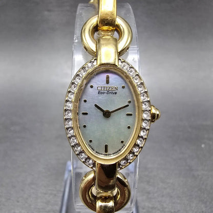 Citizen Eco-Drive Watch Women 17mm MOP Dial Gold Tone Oval G620-S030662 Runs0