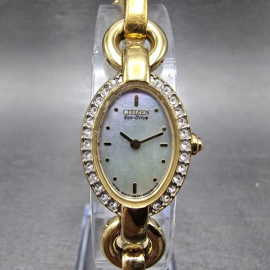 Citizen Eco-Drive Watch Women 17mm MOP Dial Gold Tone Oval G620-S030662 Runs0