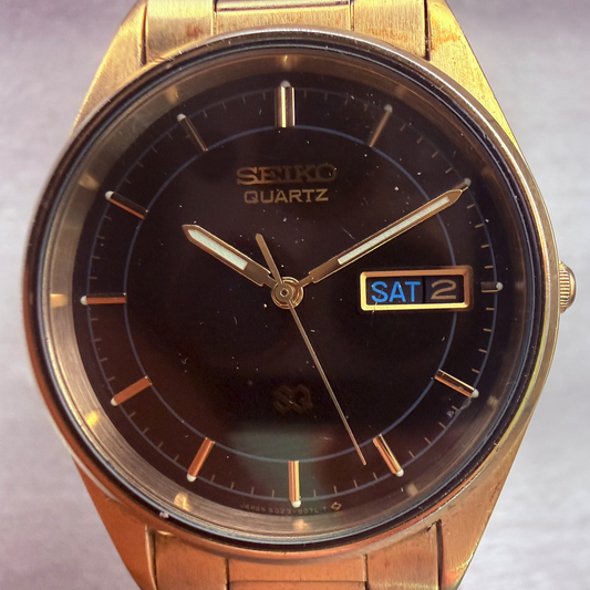 Seiko SQ Watch Men 34mm Black Dial Gold Tone Daydate Round 5023-8059 New Battery1
