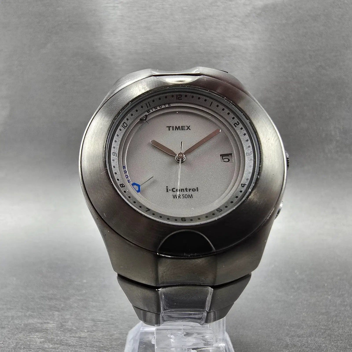 Timex I control Alarm Watch Men 41mm Gray Dial Black Date Indiglo Round New Batt5