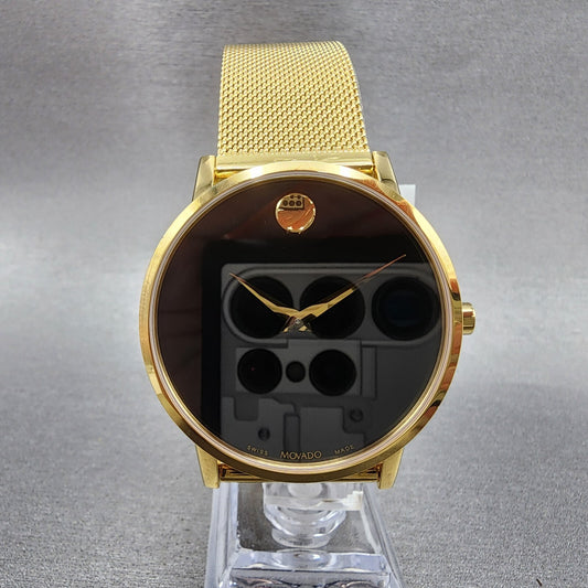 Movado Museum Watch Men 40mm Black Dial Gold Case Round Mesh Band 0607396
