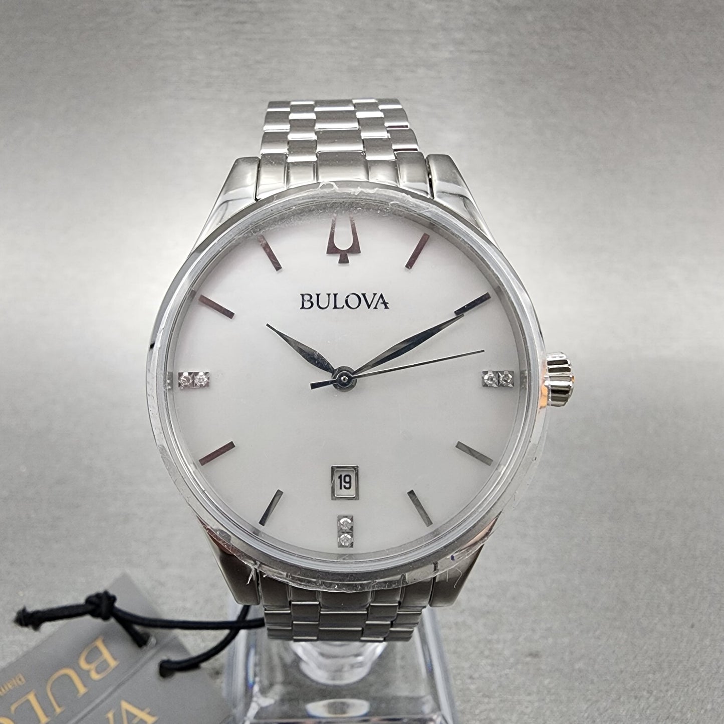 Bulova Sutton Watch Women 36mm Mop Dial Steel Diamonds Date Round 96P2200