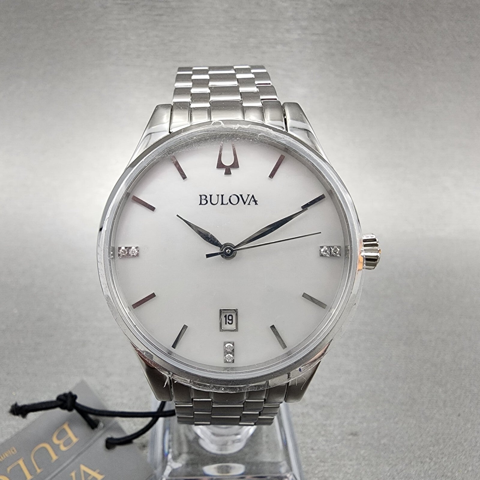 Bulova Sutton Watch Women 36mm Mop Dial Steel Diamonds Date Round 96P2200