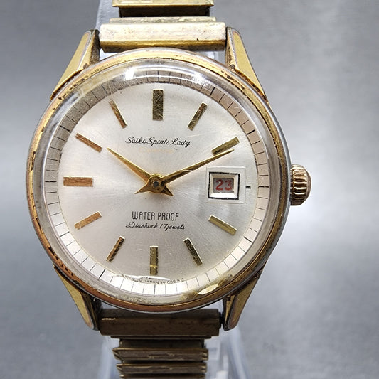 Seiko Sports Lady Watch Women 26mm Silver Dial Gold Tone Date Manual 340030 Runs0