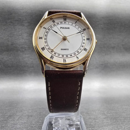 Seiko Pulsar Watch Men 32mm White Dial Gold Tone Date Round V337-7010 New Batt5