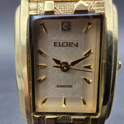 Elgin Tank Watch Women 19mm Gold Dial Gold Tone Rectangle EG286NB New Battery1