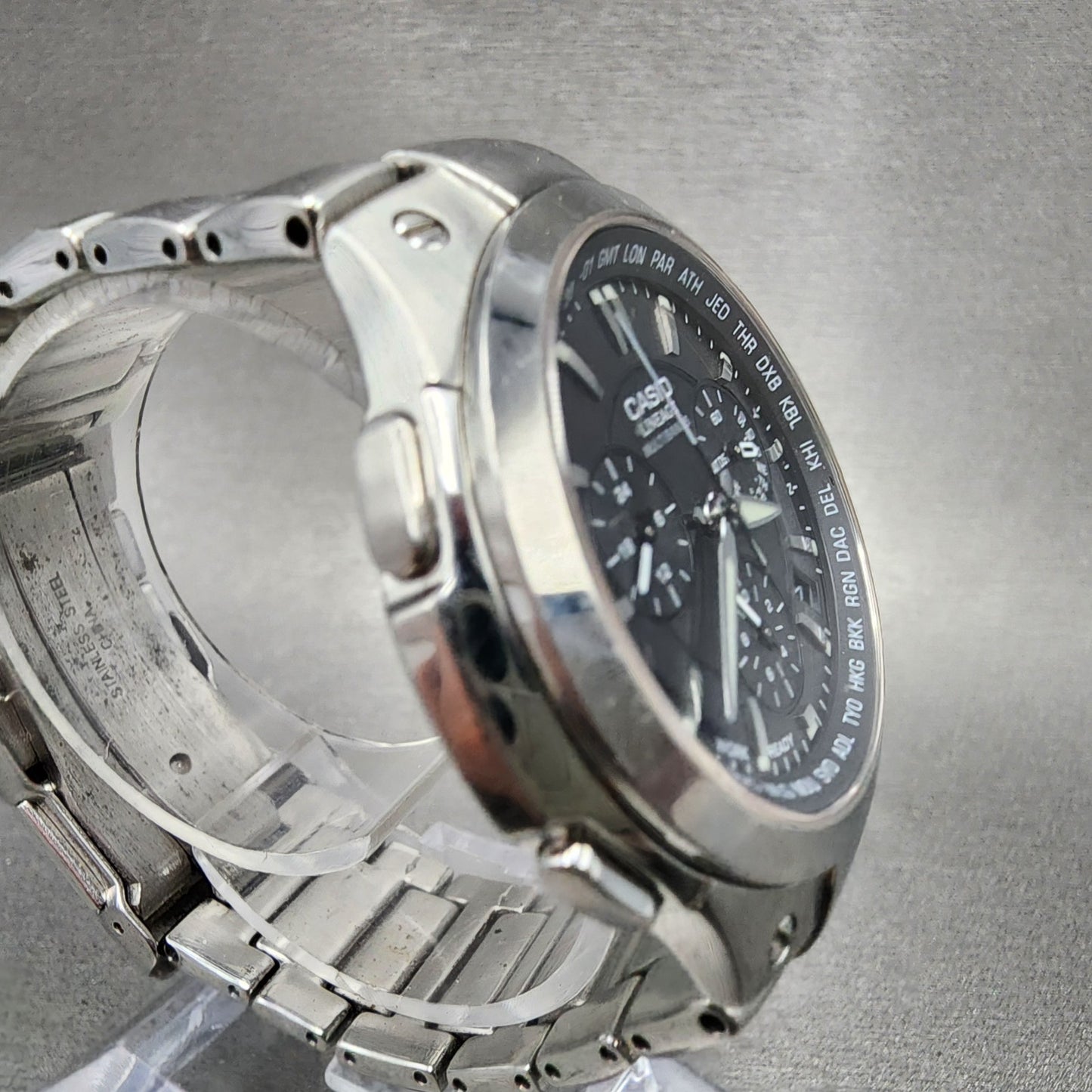 Casio Lineage Chronograph Watch Men 42mm Black Dial Steel Date Atomic Runs3