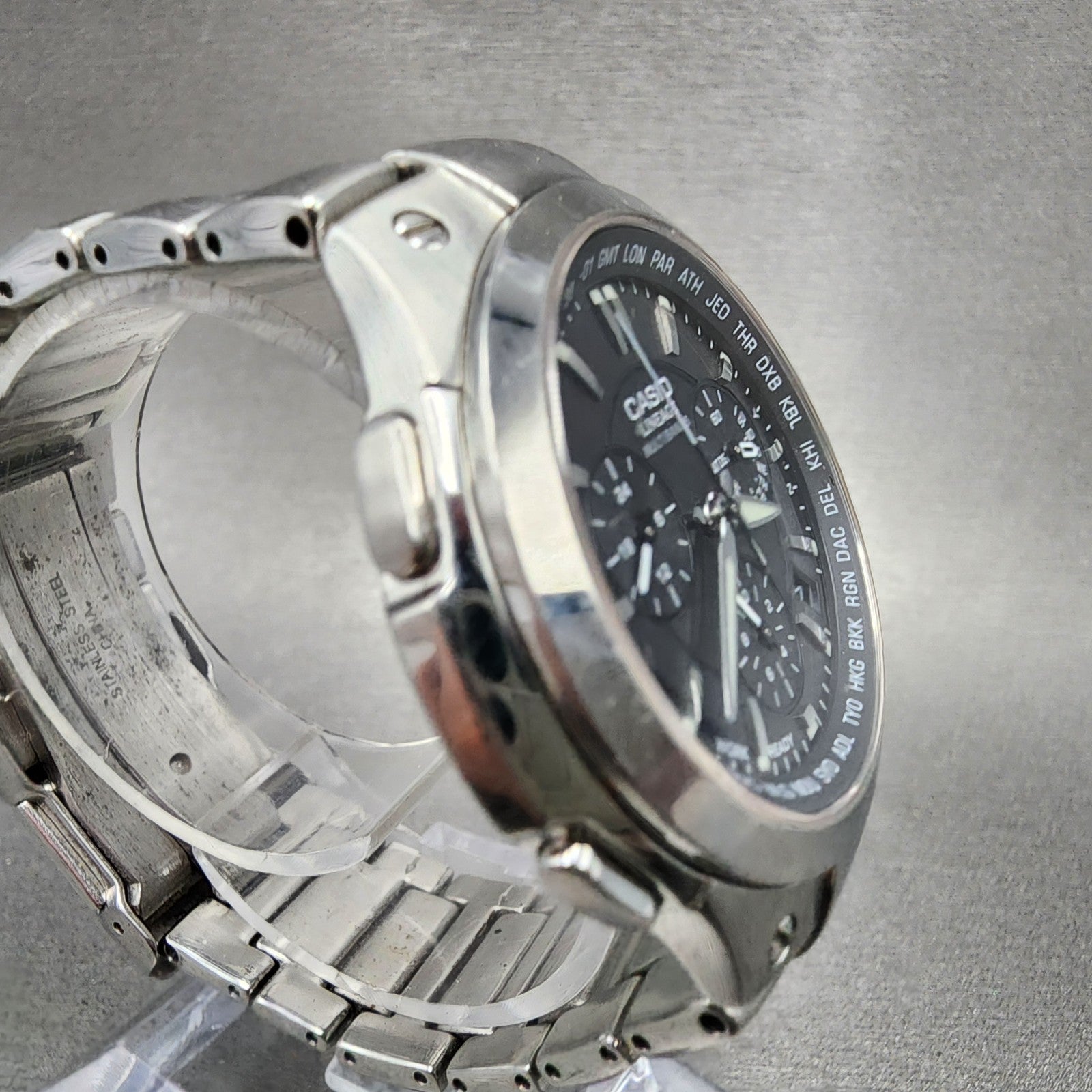 Casio Lineage Chronograph Watch Men 42mm Black Dial Steel Date Atomic Runs3