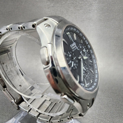 Casio Lineage Chronograph Watch Men 42mm Black Dial Steel Date Atomic Runs3
