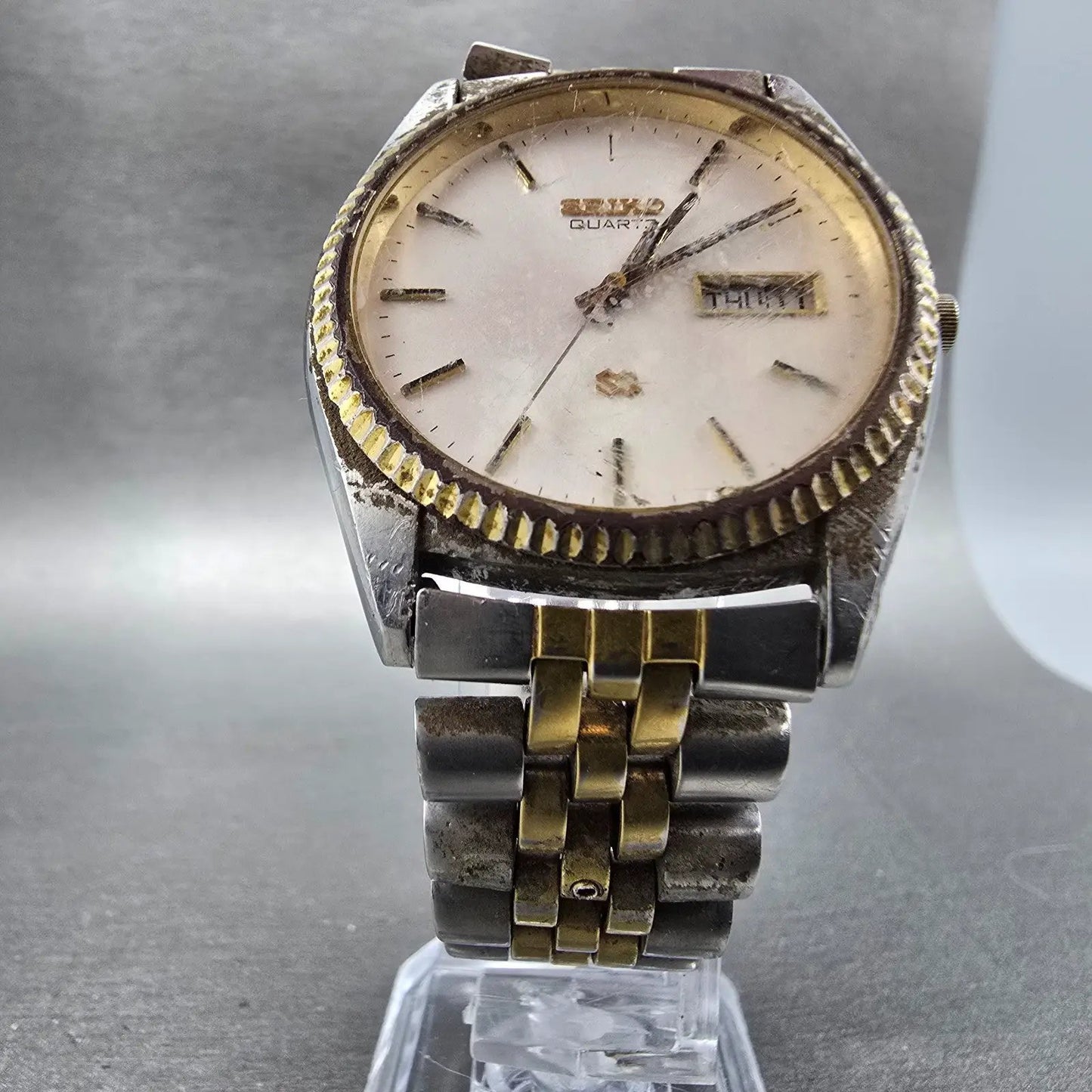 Seiko SQ President Watch Men 36mm Silver Dial Two Tone Daydate 5Y23-8A69 PARTS9