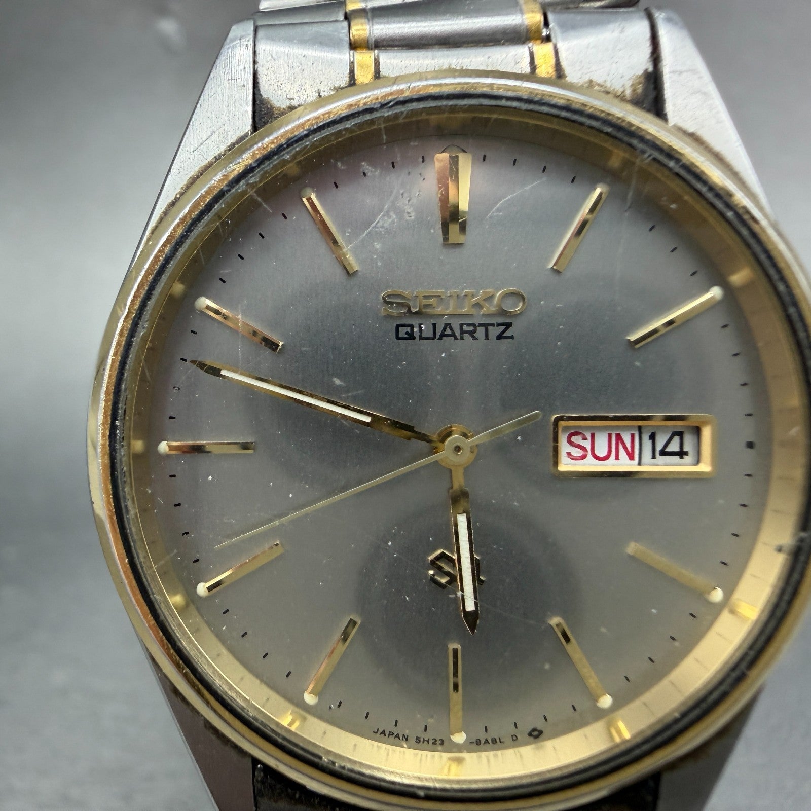Seiko SQ Watch Men 34mm Silver Dial Two Tone Daydate 5H23-8a09 PARTS Vintage2