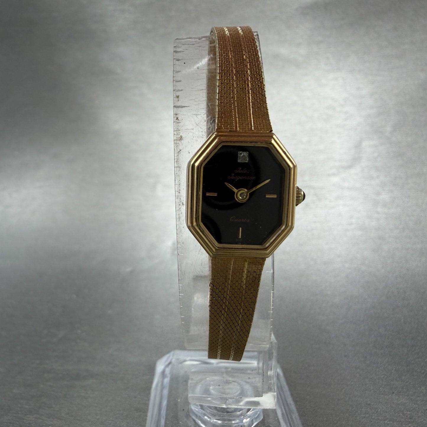 Jules Jurgenson Watch Women 15mm Black Dial Gold Tone Octagon New Battery VTG5