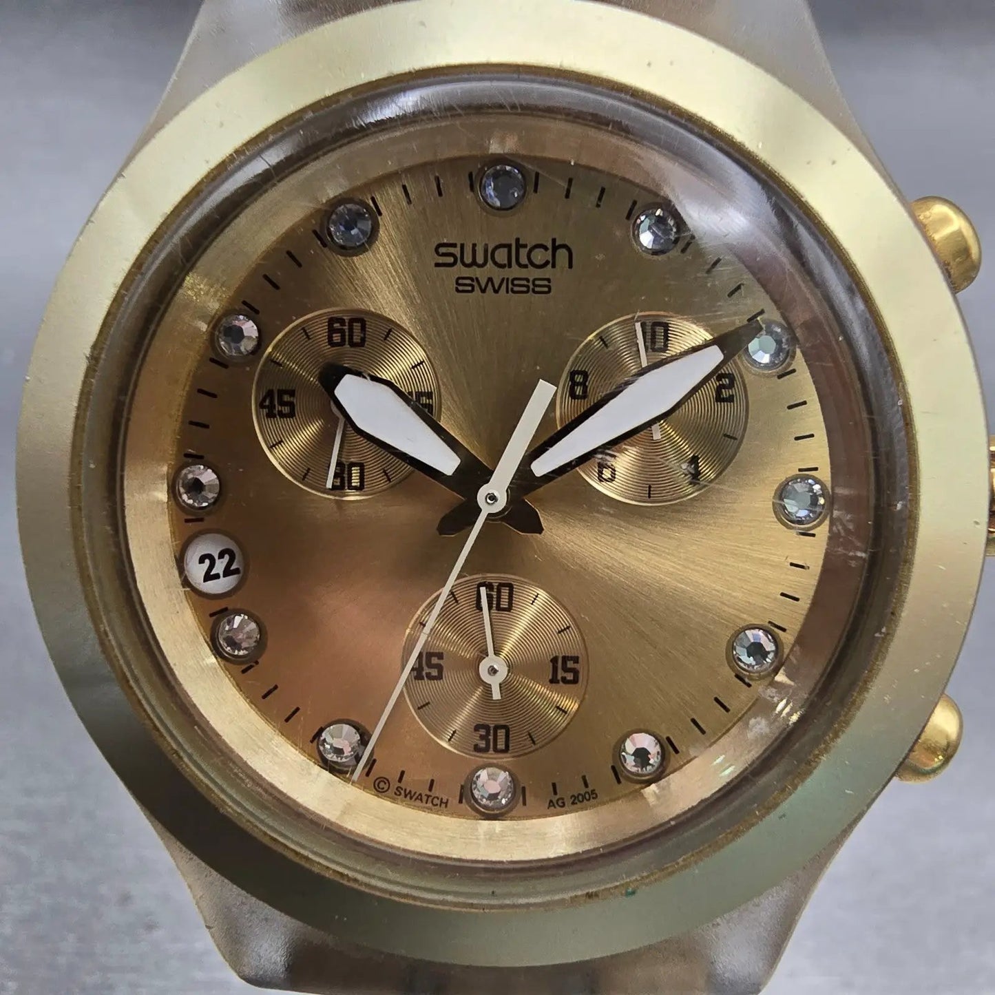 Swatch Irony DIAPHANE Chronograph Watch Men Gold Dial Date SVCK4032G New Battery1