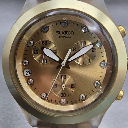 Swatch Irony DIAPHANE Chronograph Watch Men Gold Dial Date SVCK4032G New Battery1