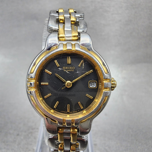 Seiko Watch Women 24mm Black Dial Two Tone Round 7N826C20 New Battery0