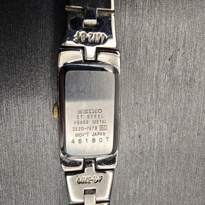 Seiko Watch Women 13mm White Dial Two Tone Rectangle 2E20-7479 New Battery VTG10