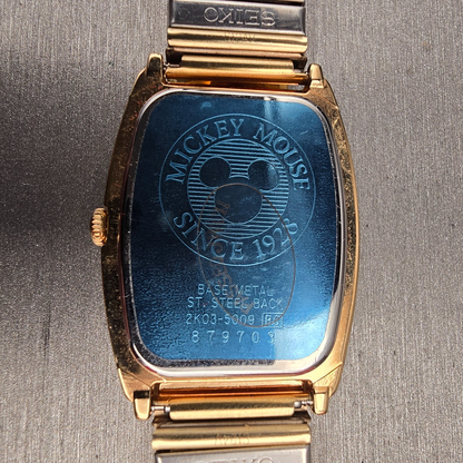 Seiko Mickey Mouse Watch Men 27mm Gold Dial Gold Tone 2K03-5009 New Battery13