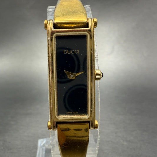 Gucci 1500L Tank Watch Women 12mm Black Dial Gold Rectangle Bangle New batteryKL0