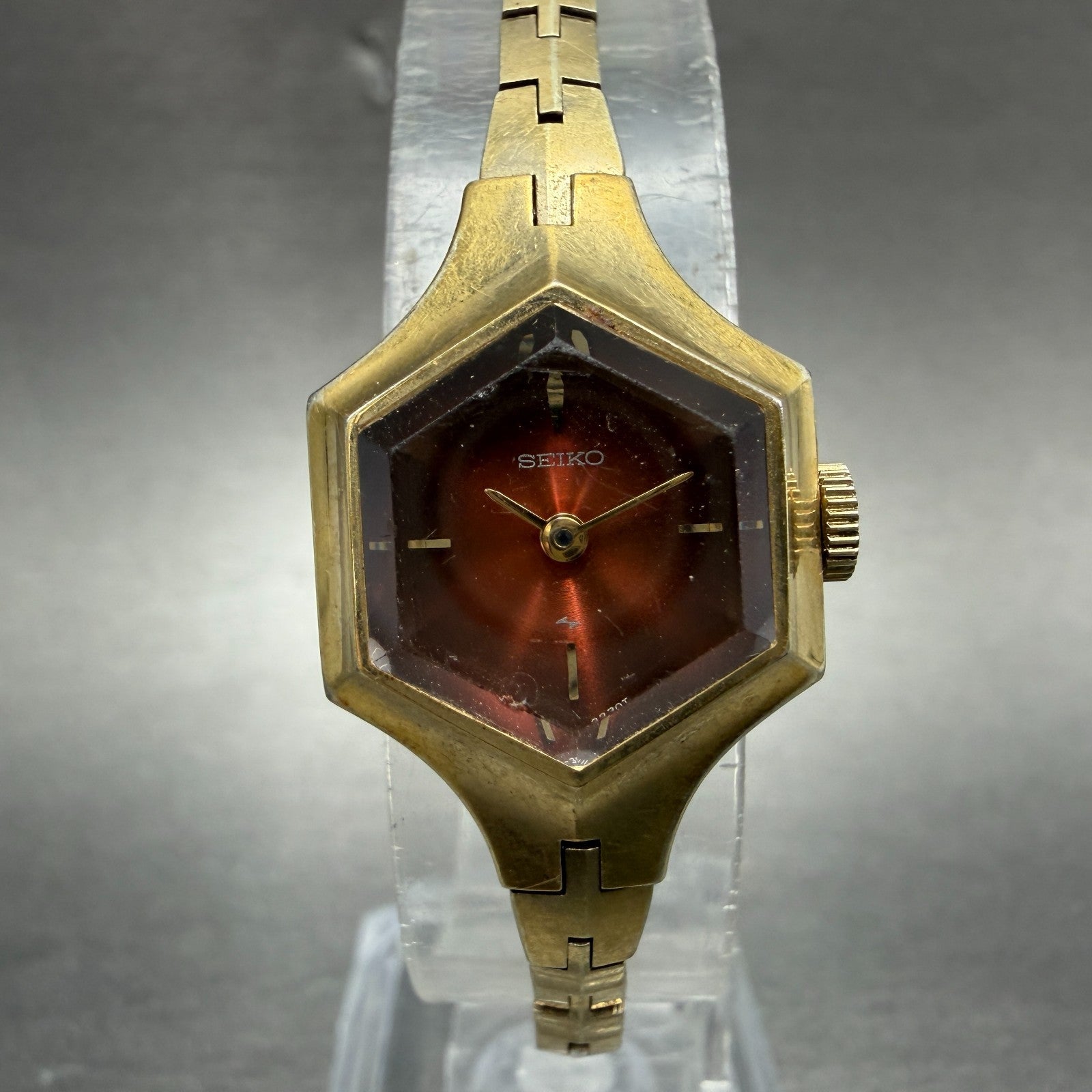 Seiko Watch Women 19mm Orange Dial Gold Tone Manual Hexagon 11-8029 Runs Vintage0