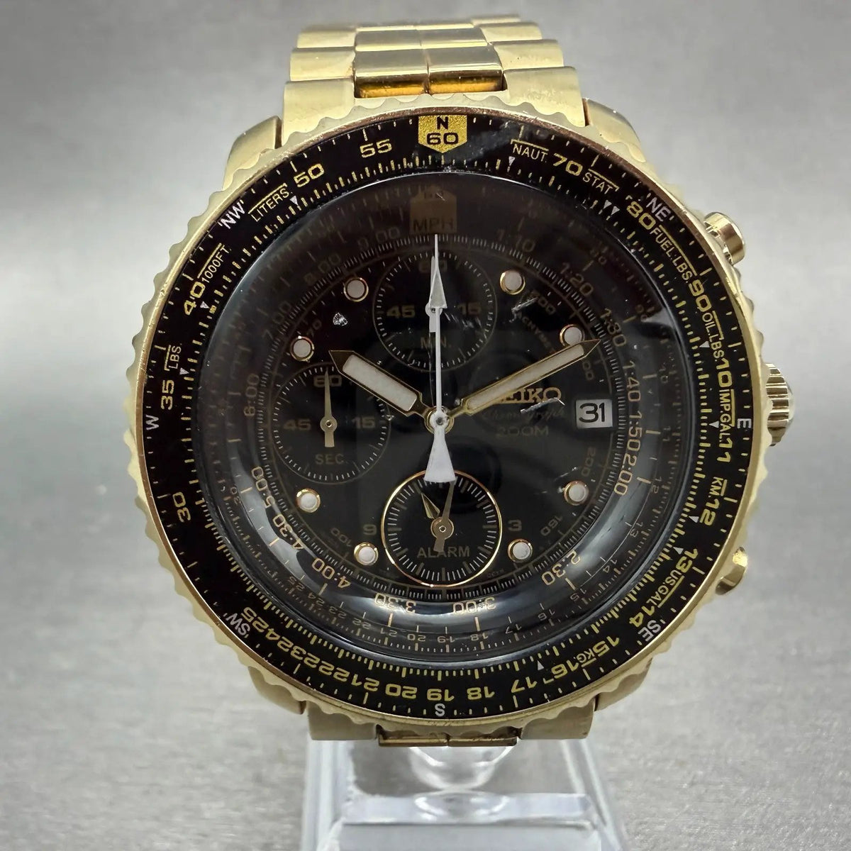Seiko Flightmaster Chronograph Watch Men 42mm Black Dial Gold Tone Date New Batt0