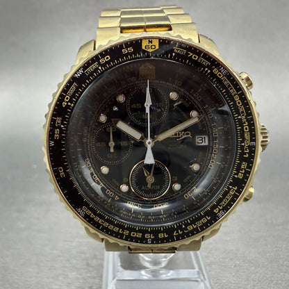 Seiko Flightmaster Chronograph Watch Men 42mm Black Dial Gold Tone Date New Batt0