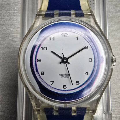 Swatch Gent SMALL IN BIG Watch Men 34mm White Dial Clear Case GK254 New Battery1