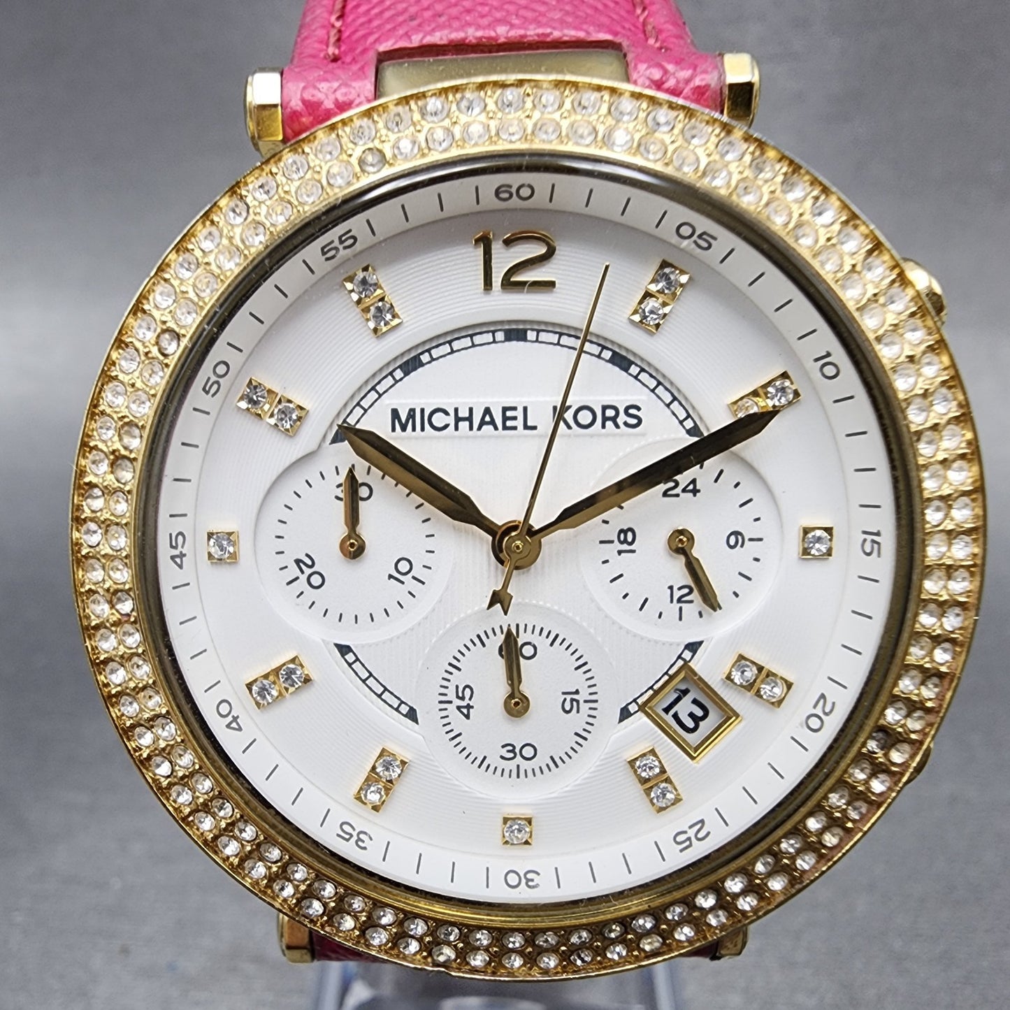 Michael Kors Parker Watch Women 39mm White Dial Gold Tone Date Round New Battery1