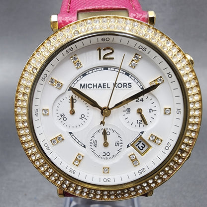 Michael Kors Parker Watch Women 39mm White Dial Gold Tone Date Round New Battery1