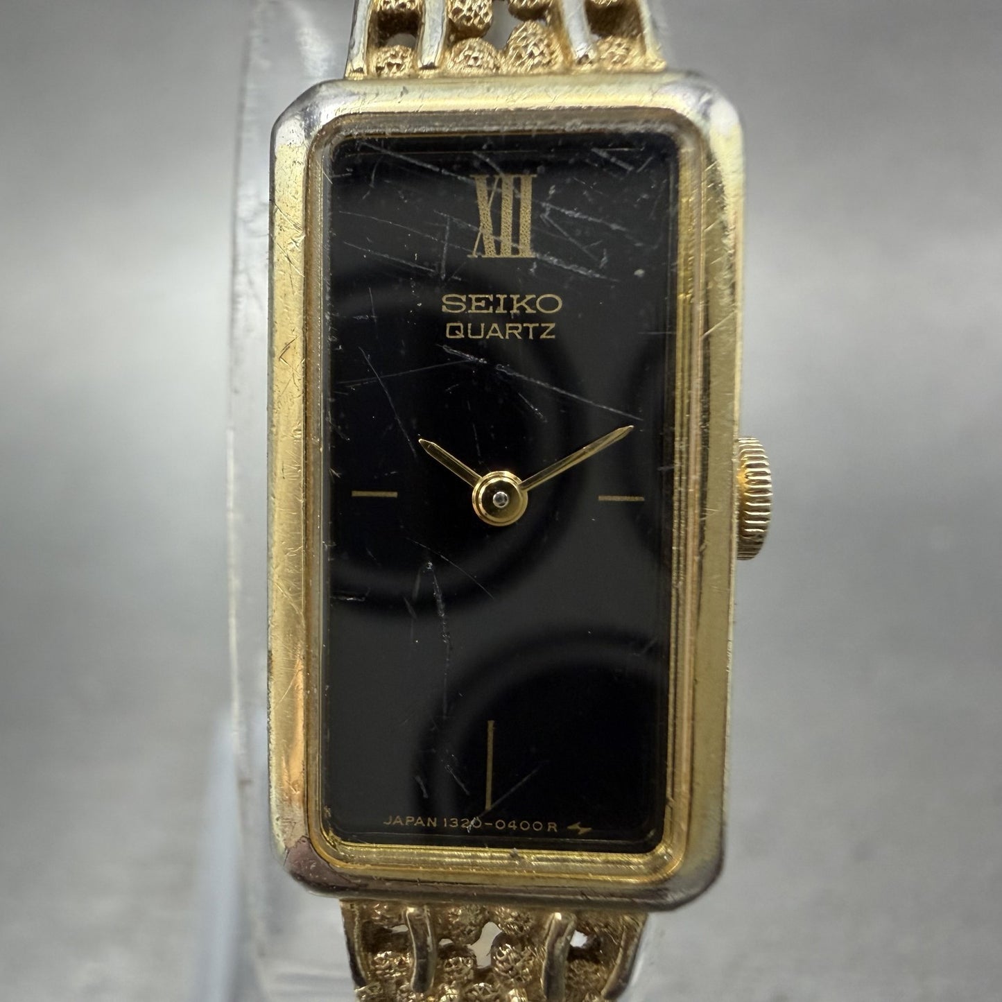 Seiko Tank Watch Women 13mm Black Dial Gold Tone Rectangle 13205249 New Battery1