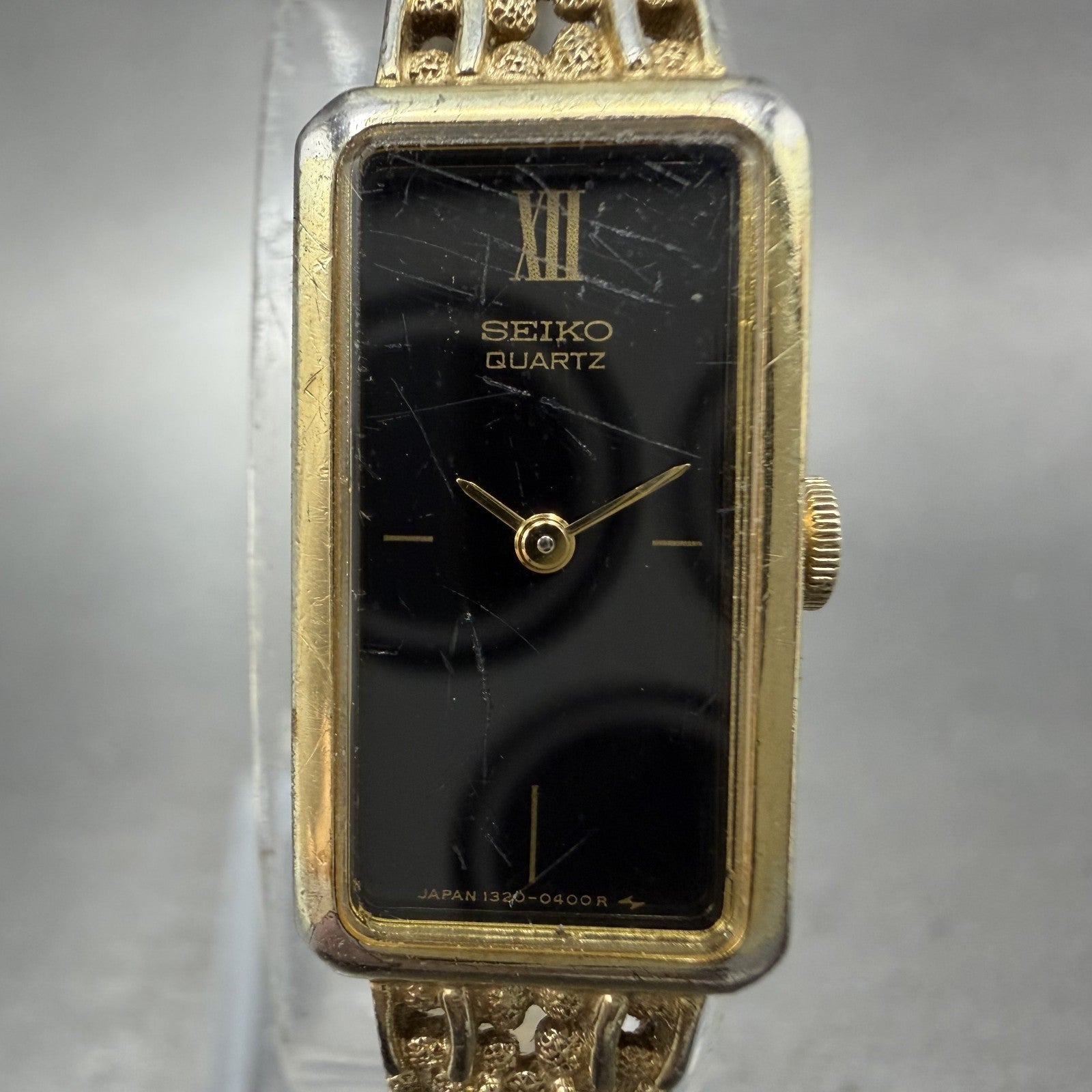 Seiko Tank Watch Women 13mm Black Dial Gold Tone Rectangle 13205249 New Battery1