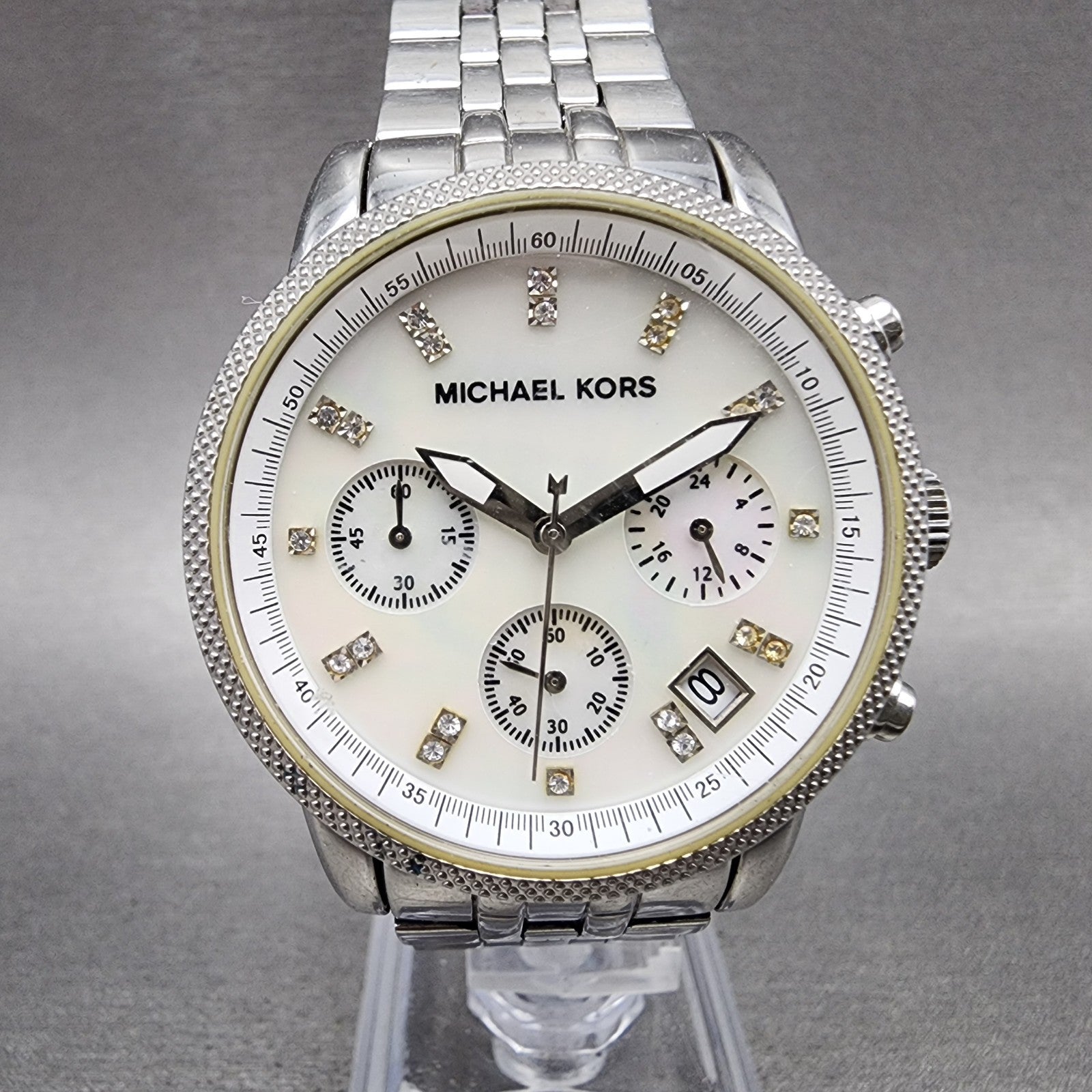 Michael Kors Ritz Chronograph Watch Women 37mm MOP Dial Steel Round New Battery0