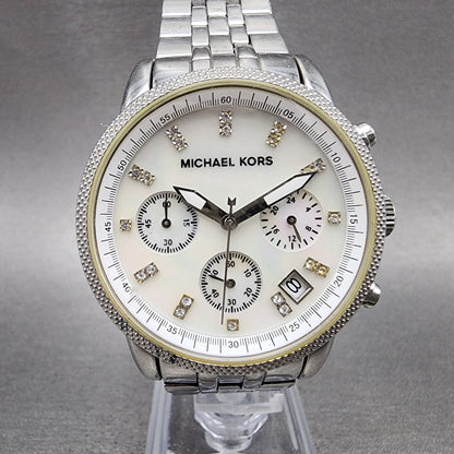 Michael Kors Ritz Chronograph Watch Women 37mm MOP Dial Steel Round New Battery0