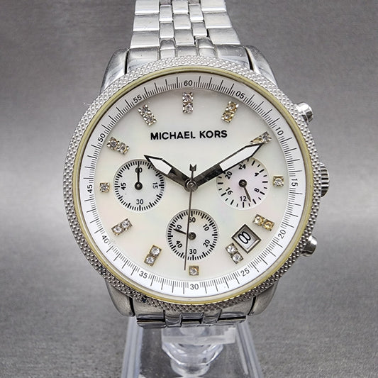 Michael Kors Ritz Chronograph Watch Women 37mm MOP Dial Steel Round New Battery0