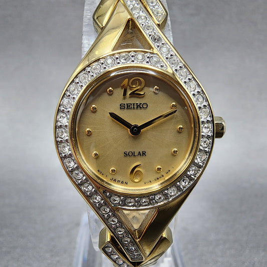 Seiko Solar Watch Women 22mm Champagne Dial Gold Tone Round V1150AP0 Runs0