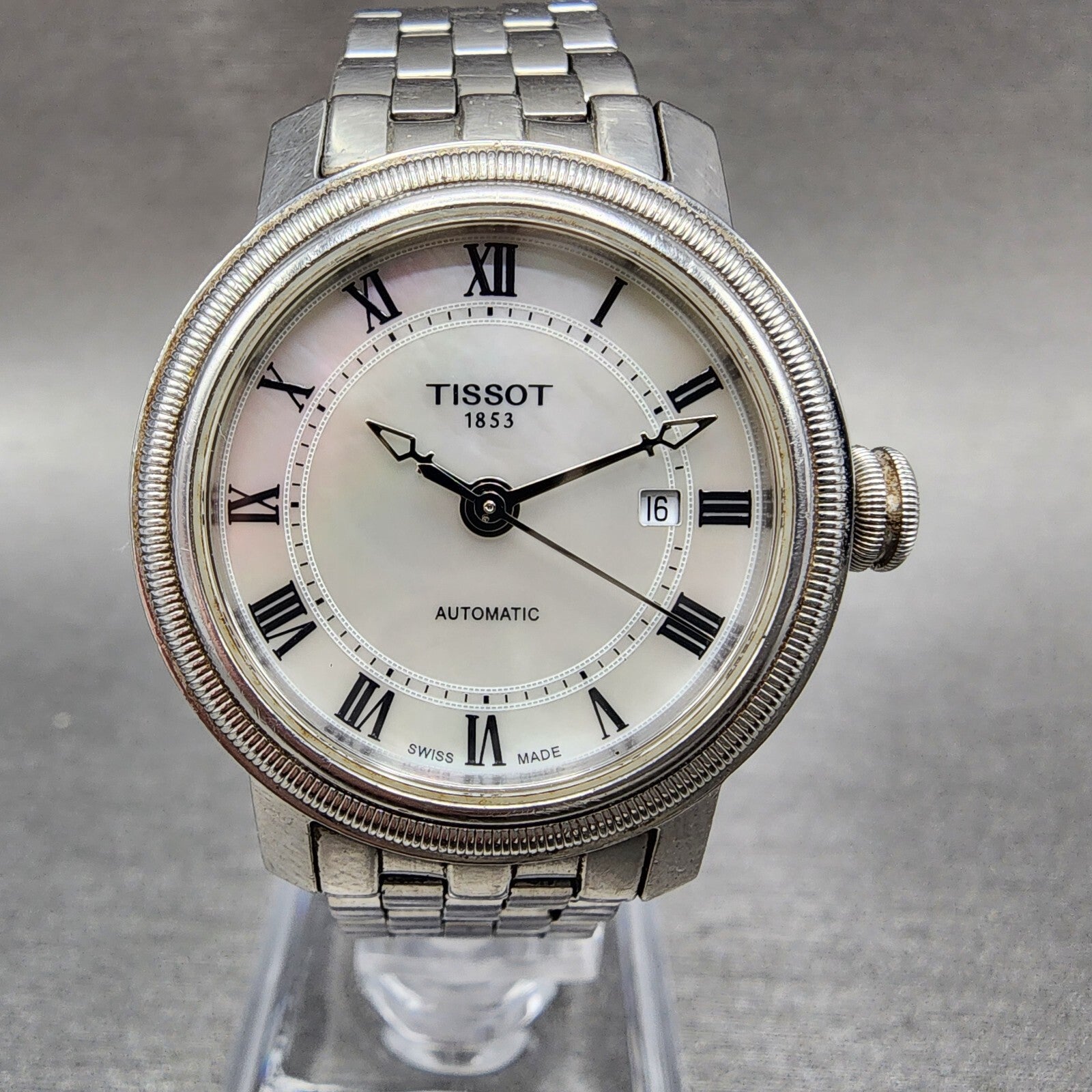 Tissot Bridgeport Automatic Watch Women 29mm MOP Dial Steel Date Round Runs0