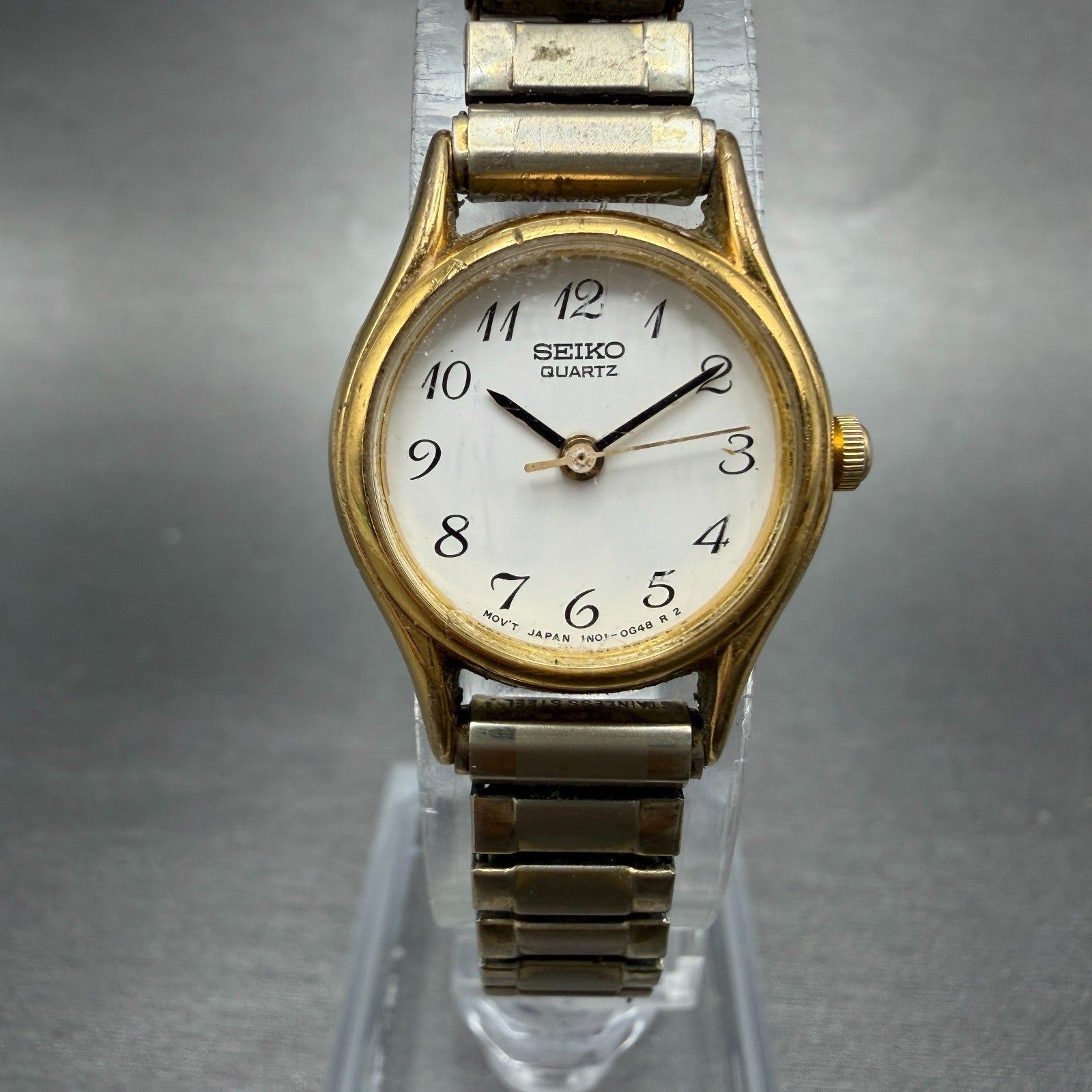 Seiko Watch Women 20mm White Dial Gold Tone Round 1N01-0E19 New Battery VTG0