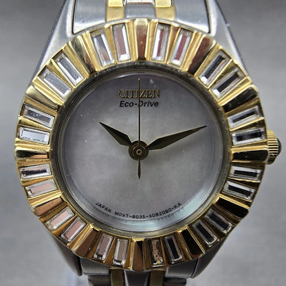 Citizen Eco-Drive Watch Women 24mm MOP Dial Two Tone Crystal Bezel Round Runs1