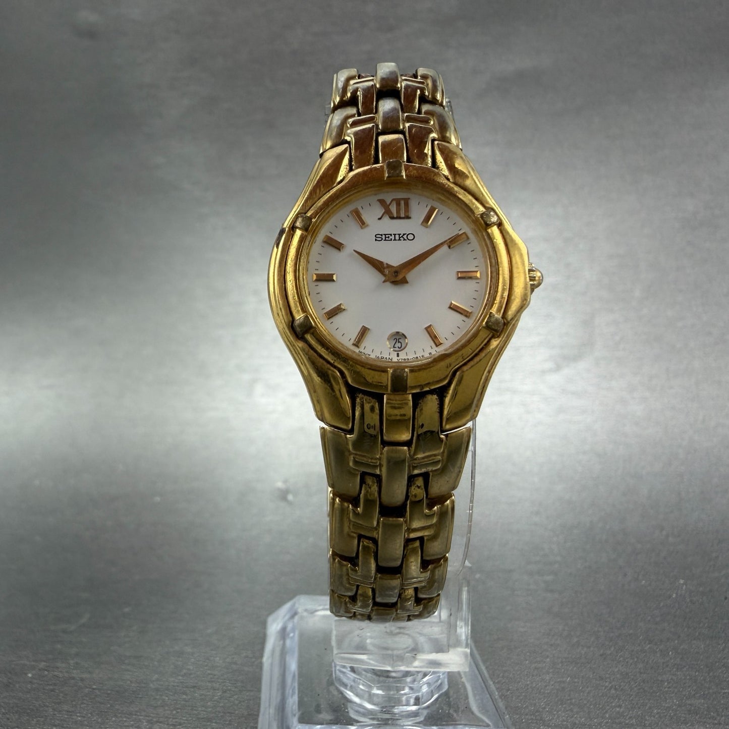 Seiko Watch Women 26mm White Dial Gold Tone Date V789-0369 New Battery JKKJ5