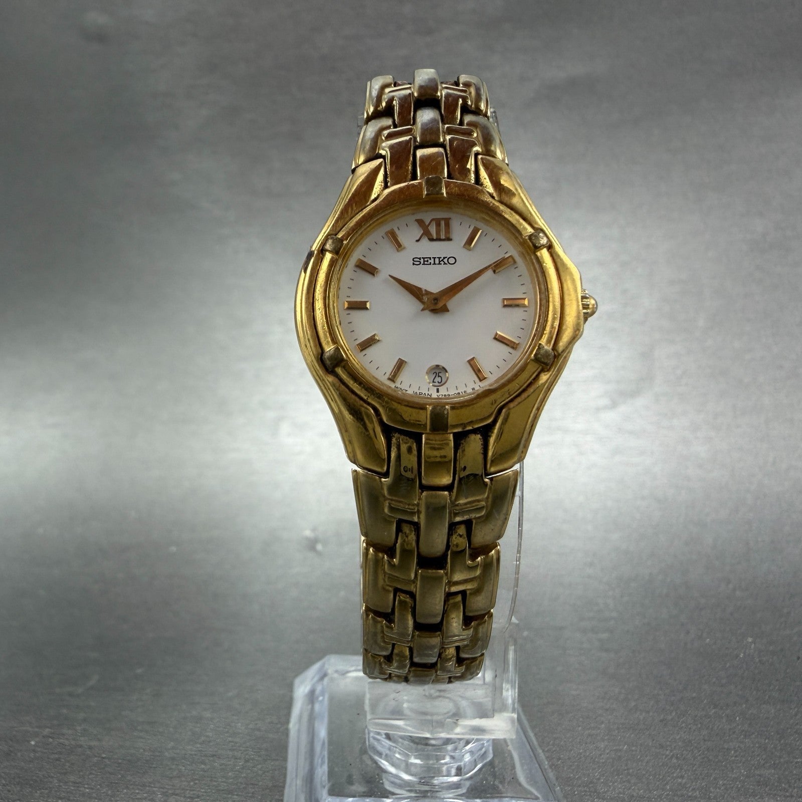 Seiko Watch Women 26mm White Dial Gold Tone Date V789-0369 New Battery JKKJ5