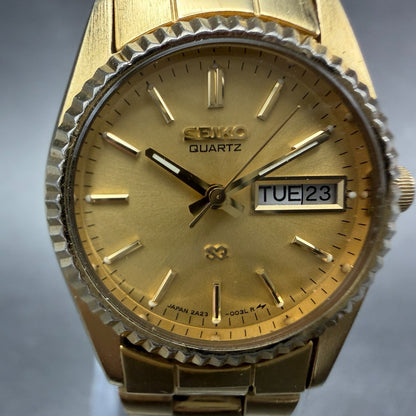 Seiko SQ Watch Women 25mm Gold Dial Gold Tone Daydate Round 2A23-0039 NewBat VJK1