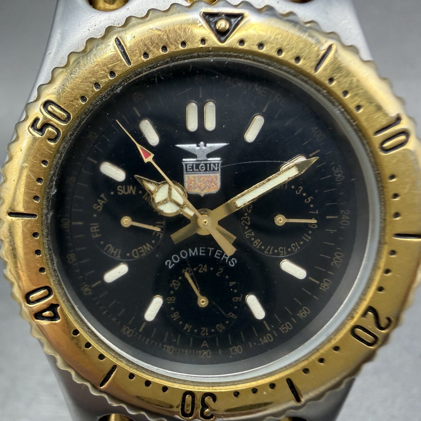 Elgin Watch Men 37mm Black Dial Two Tone Daydate Round FK-527A New Battery1