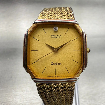 Seiko Dolce Watch Men 29mm Gold Dial Gold Tone Octagon 7731-5000 New Battery0