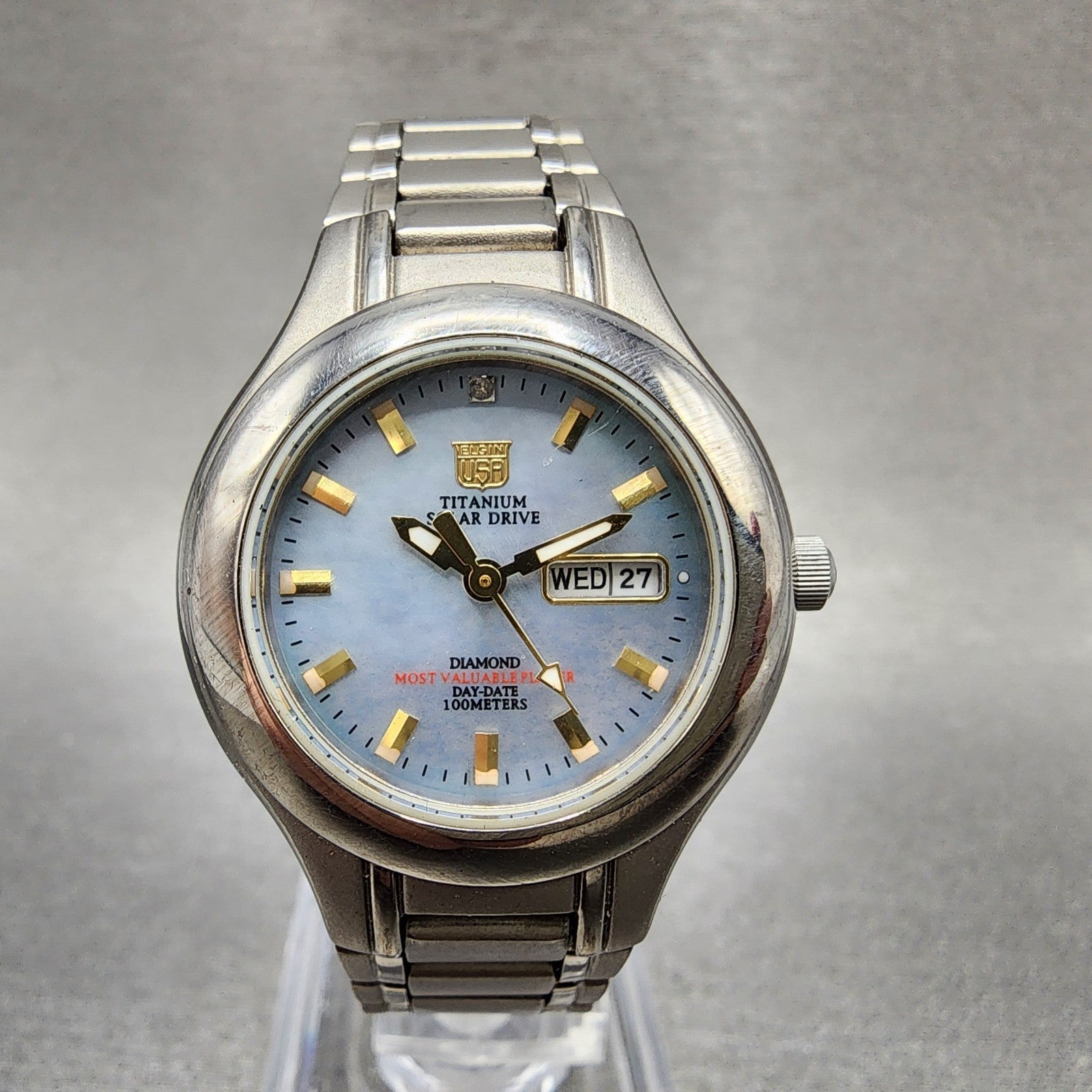 Elgin Solar Watch Women 29mm MOP Dial Titanium Gray Daydate Round FK1252C Runs0