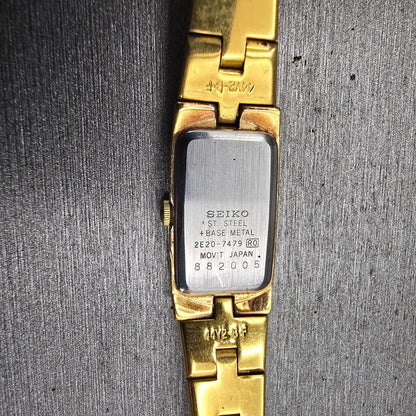 Seiko Watch Women 13mm Gold Dial Gold Tone Rectangle 2E20-7479 New Battery VTG10