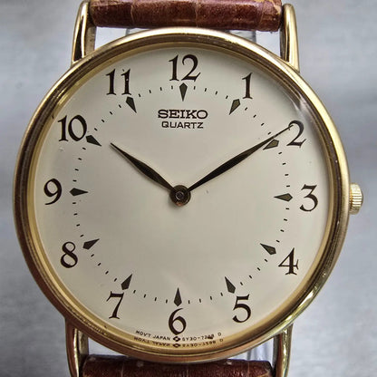 Seiko Watch Men 32mm Cream Dial Gold Tone Round 5Y30-7009 New Battery Vintage1