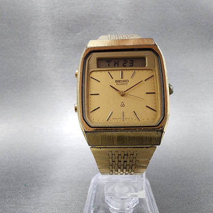 Seiko Analog Digital Watch Men 31mm Gold Dial Gold Tone Rectangle New battery