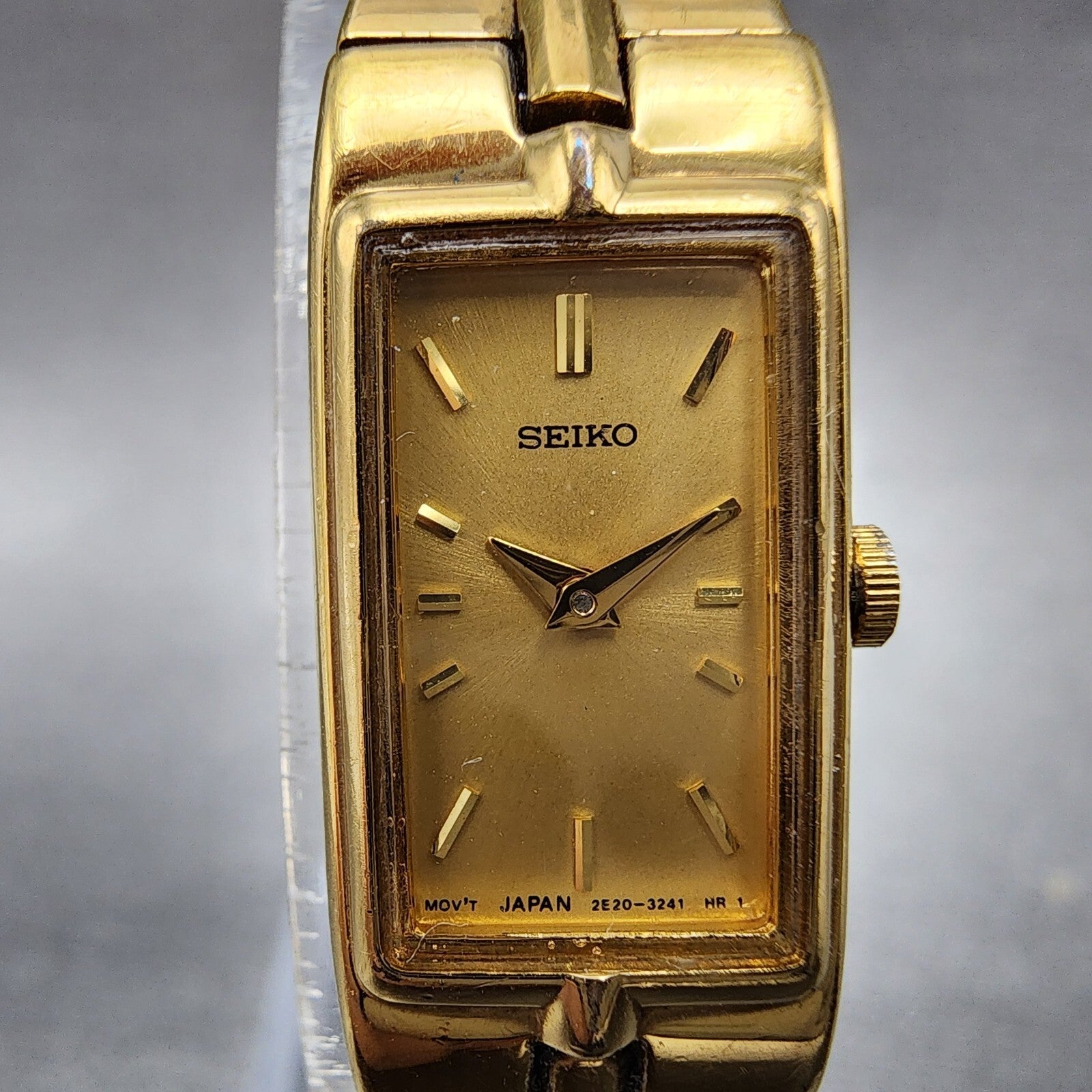 Seiko Watch Women 13mm Gold Dial Gold Tone Rectangle 2E207479 New Battery1
