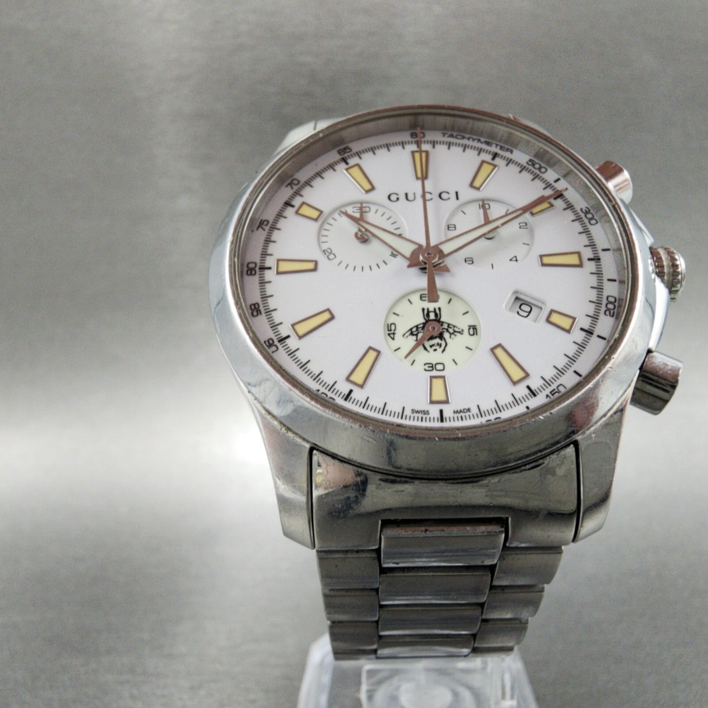 Gucci G-Timeless Chronograph Watch Men 39mm White Dial Steel Date Round NewBatte5