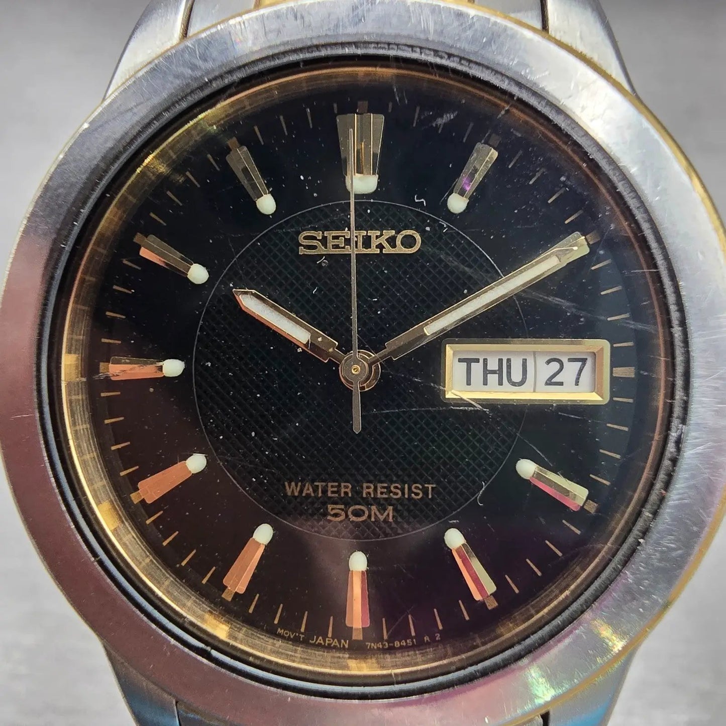 Seiko Watch Men 38mm Black Dial Two Tone Daydate Round 7N43-8309 New Battery VTG1