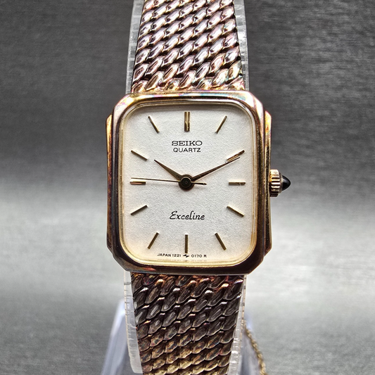 Seiko Exceline Tank Watch Women 18mm White Dial Gold Tone 1221-5090 New Battery0